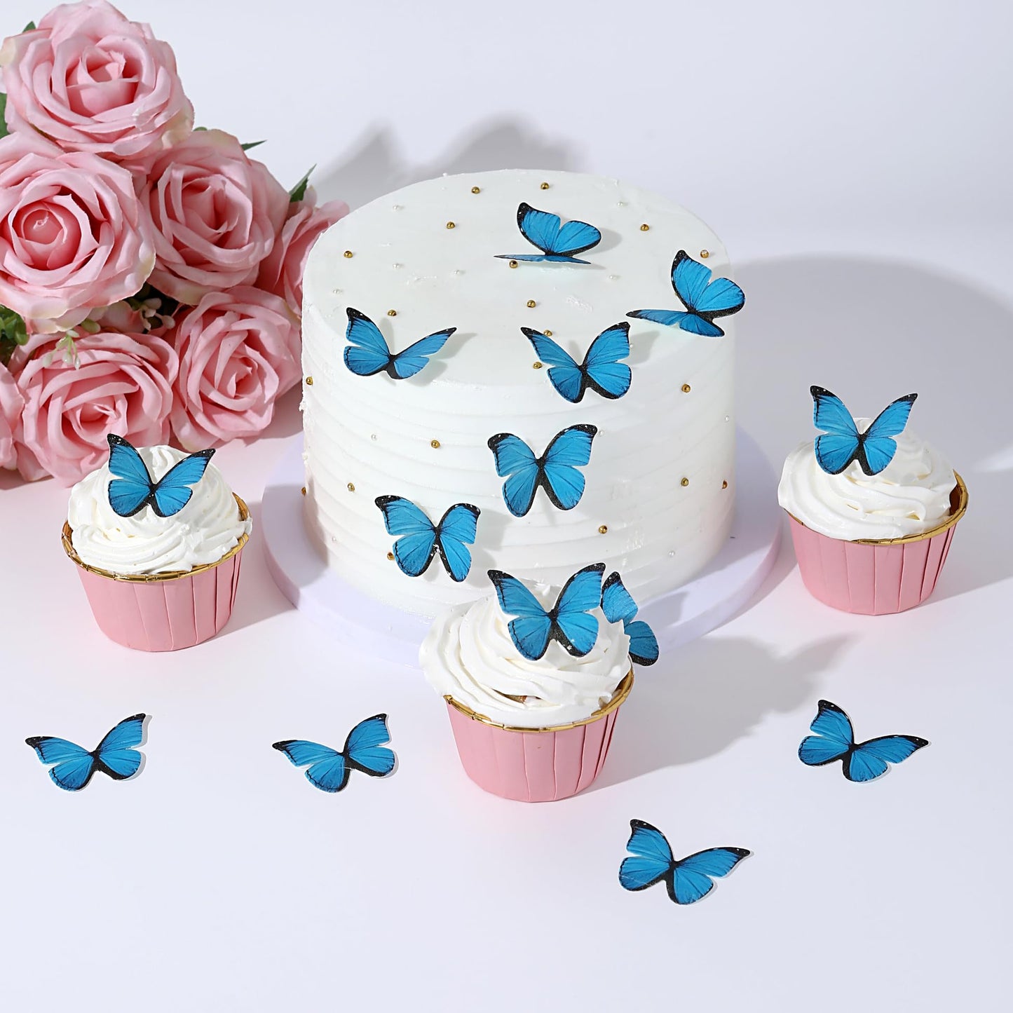 48Pcs Blue Edible Butterfly Cake Toppers Wafer Paper Butterflies For Cake Decorations Blue Butterfly Cupcake Toppers For Birthda