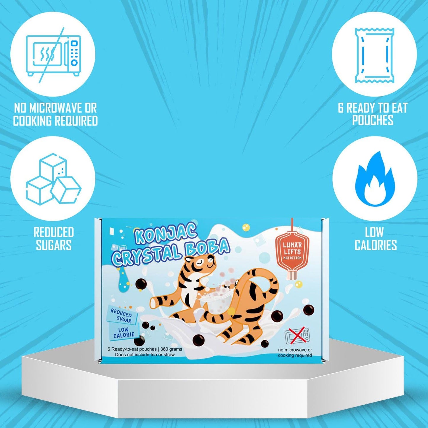 Lunar Lifts Nutrition Konjac Crystal Boba, Vegan Chewy Pearls, Low Calorie, 6 Pouches, 360g