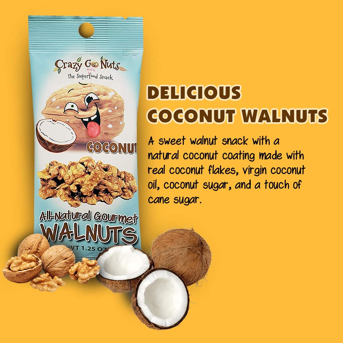 Crazy Go Nuts Walnuts - Coconut, 1.25 Oz (12-Pack) - Healthy Snacks, Vegan, Gluten Free, Superfood - Natural, Non-Gmo, Ala, Omeg