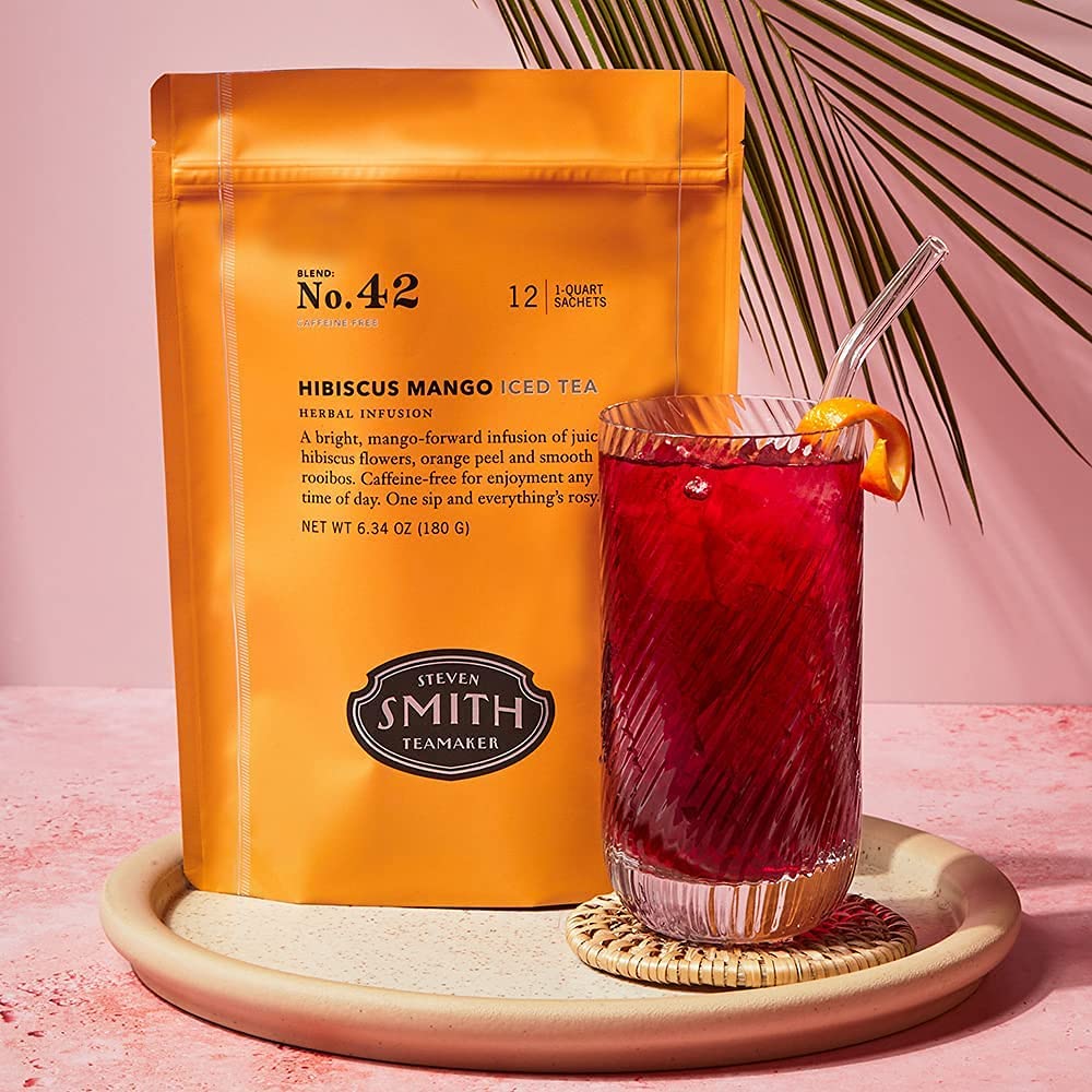 STEVEN SMITH TEAMAKER Hibiscus Mango Iced Tea, Caffeine-Free Herbal, 10 Count Sachets, Model 0850008925405