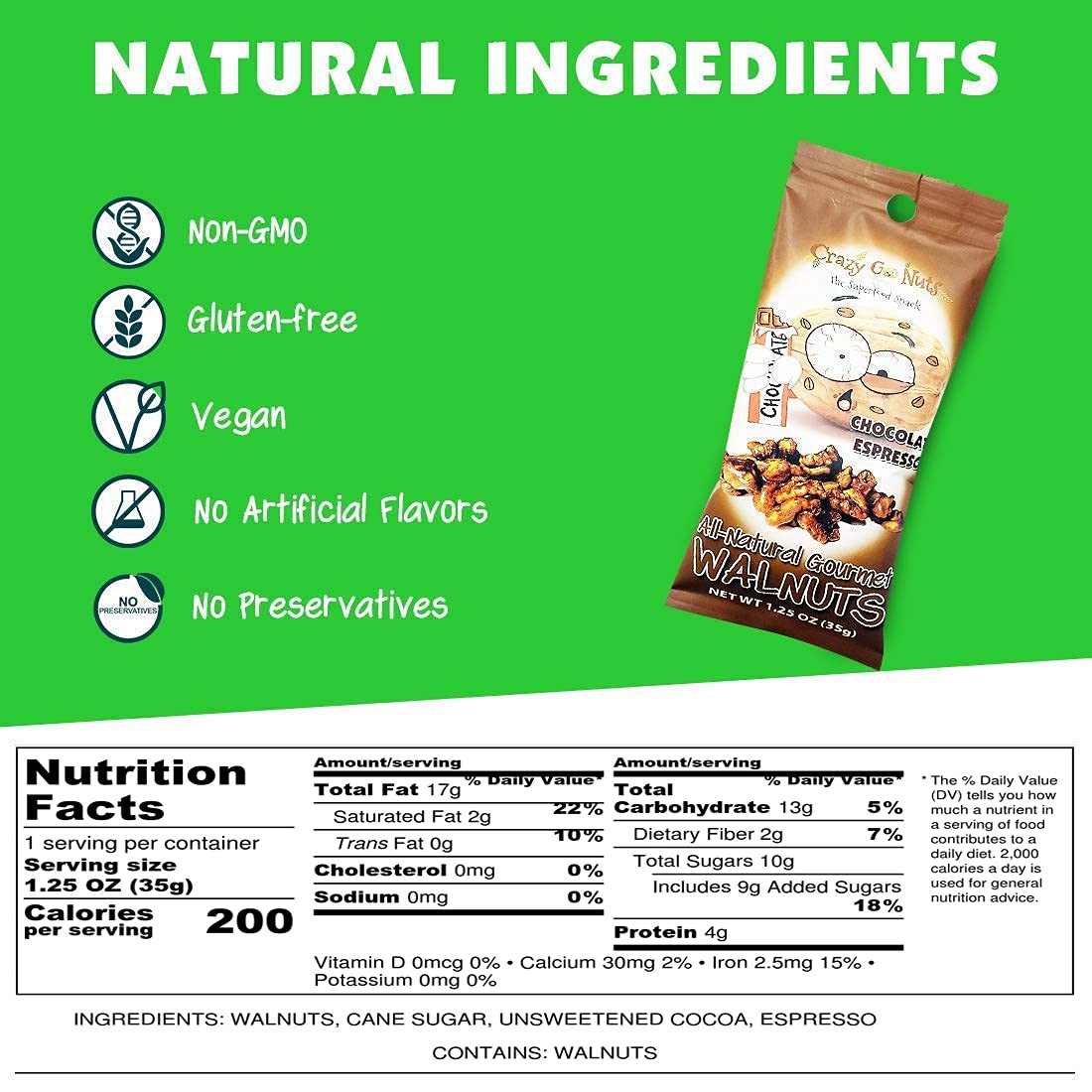 CrazyGoNuts Walnuts - Chocolate Espresso, 1.25 oz, 6-Pack, Healthy Snacks, Vegan, Gluten Free, Superfood, Natural, Non-GMO, ALA,