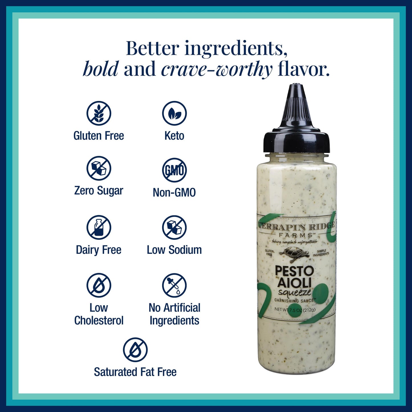 Terrapin Ridge Pesto Aioli Sauce - Gluten-Free, Keto-Friendly - 7.5 Ounce Squeeze Bottle - Green
