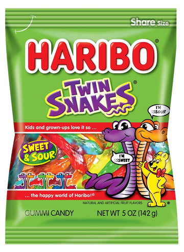Haribo Gummi Candy, Twin Snakes Sweet & Sour Gummy Candy, 5 Ounce Share Size Bags (Pack Of 12) Delicious Soft & Chewy Snacks, Assorted Fruity Flavors