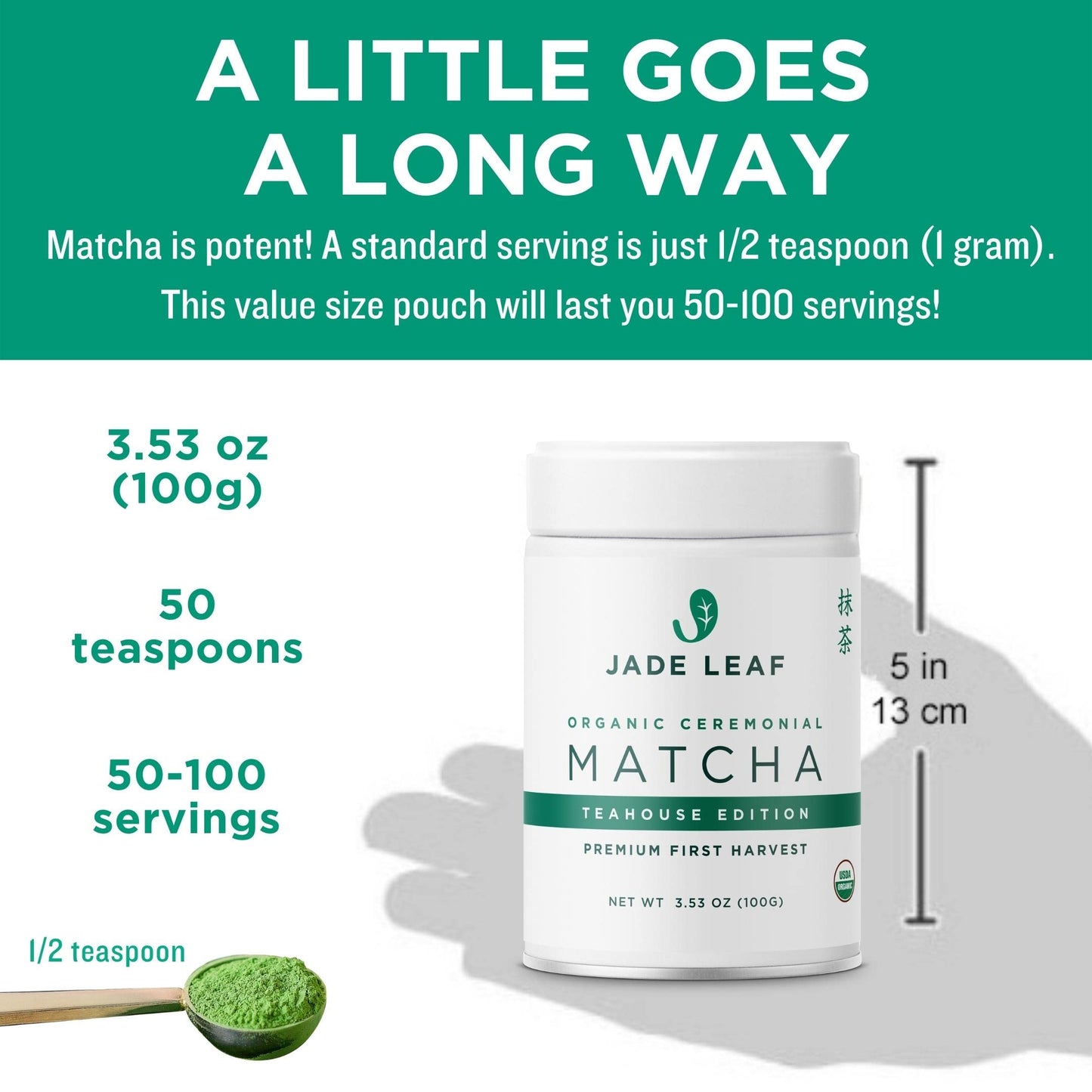 Jade Leaf Matcha Organic Ceremonial Grade Matcha Green Tea Powder - Teahouse Edition - 3.53 Ounce - Authentic Japanese Origin - Powder