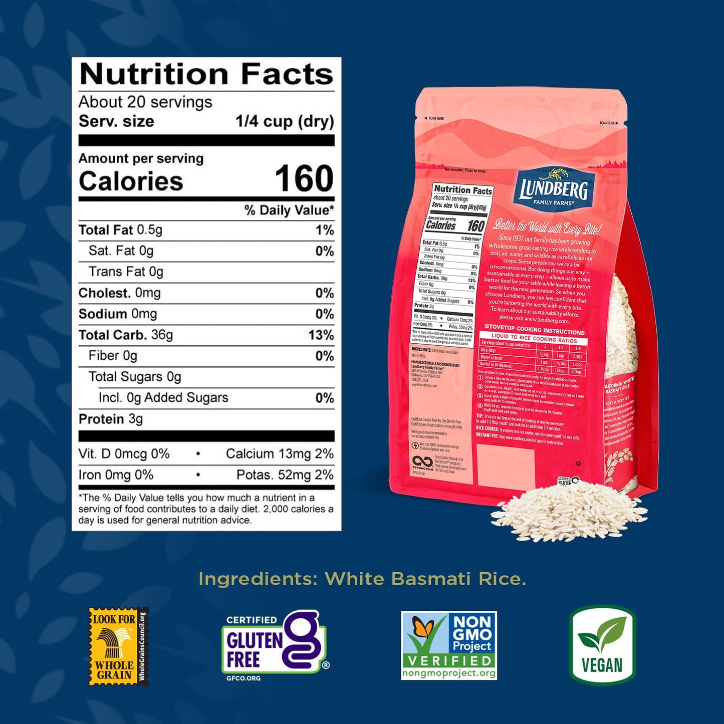 Lundberg Basmati Rice, Long Grain White Rice - Non-Sticky, Fluffy, Nutty, Aromatic Rice, Vegan Food, Healthy Meals, Gluten-Free