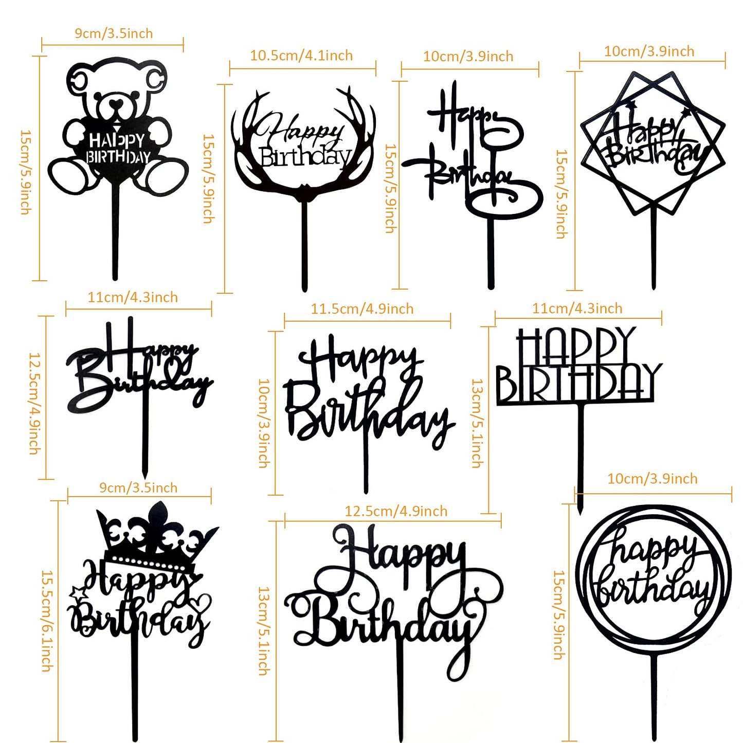 HSDSH Happy Birthday Cake Topper Set, 20PCS Black Acrylic Cupcake Toppers for Birthday Party Decorations