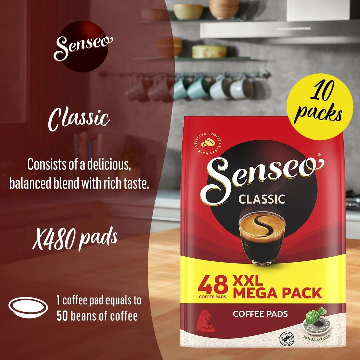 Senseo Classic Medium Roast Coffee Pods - 480 Count (10 Packs) - Smooth & Balanced Flavor with Rich Crema - Single-Serve Compostable Coffee Pads - Compatible with Senseo & PeleCom Machines