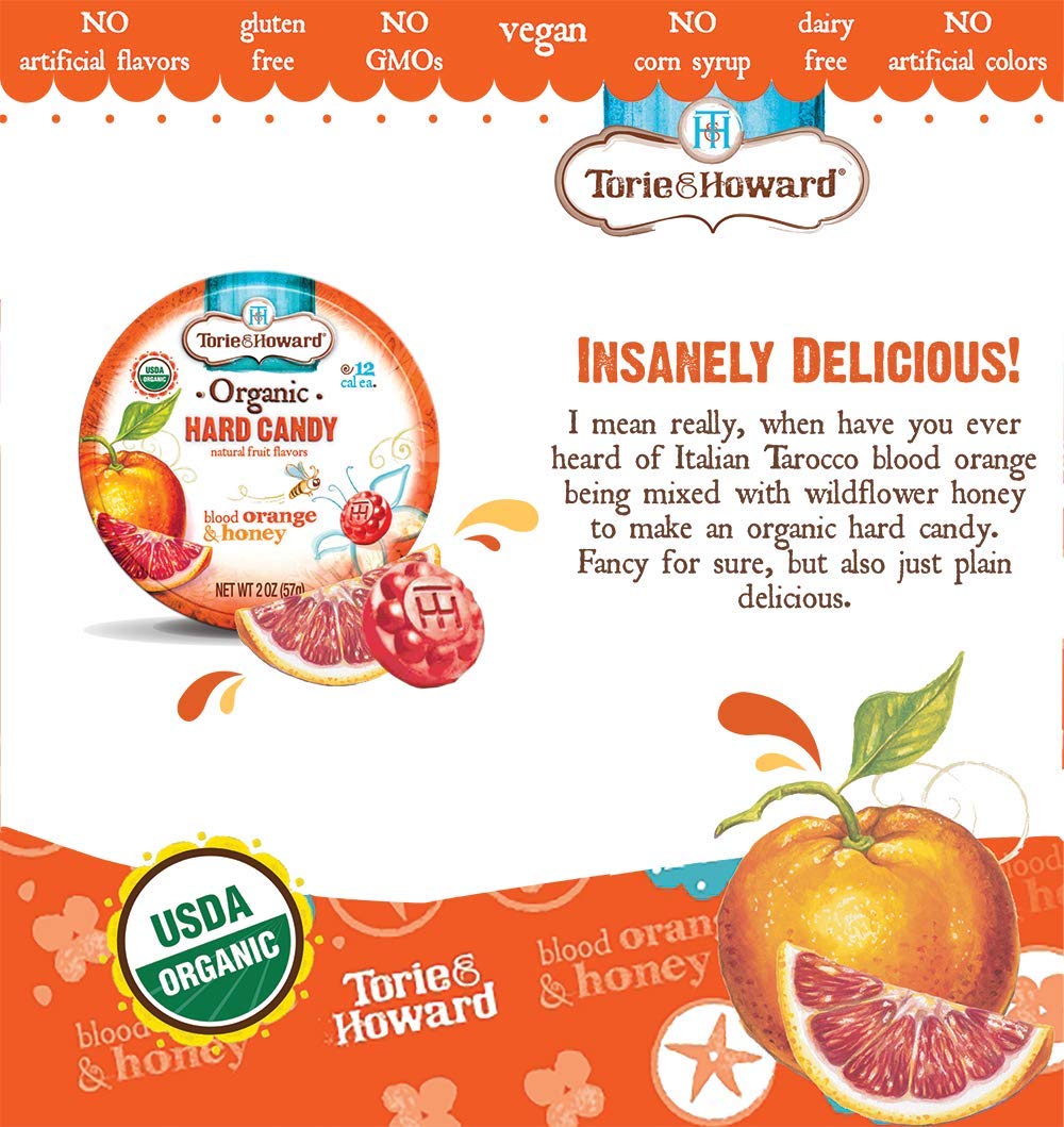 Torie And Howard Organic Hard Candy Tin, Blood Orange And Honey, 2 Ounce