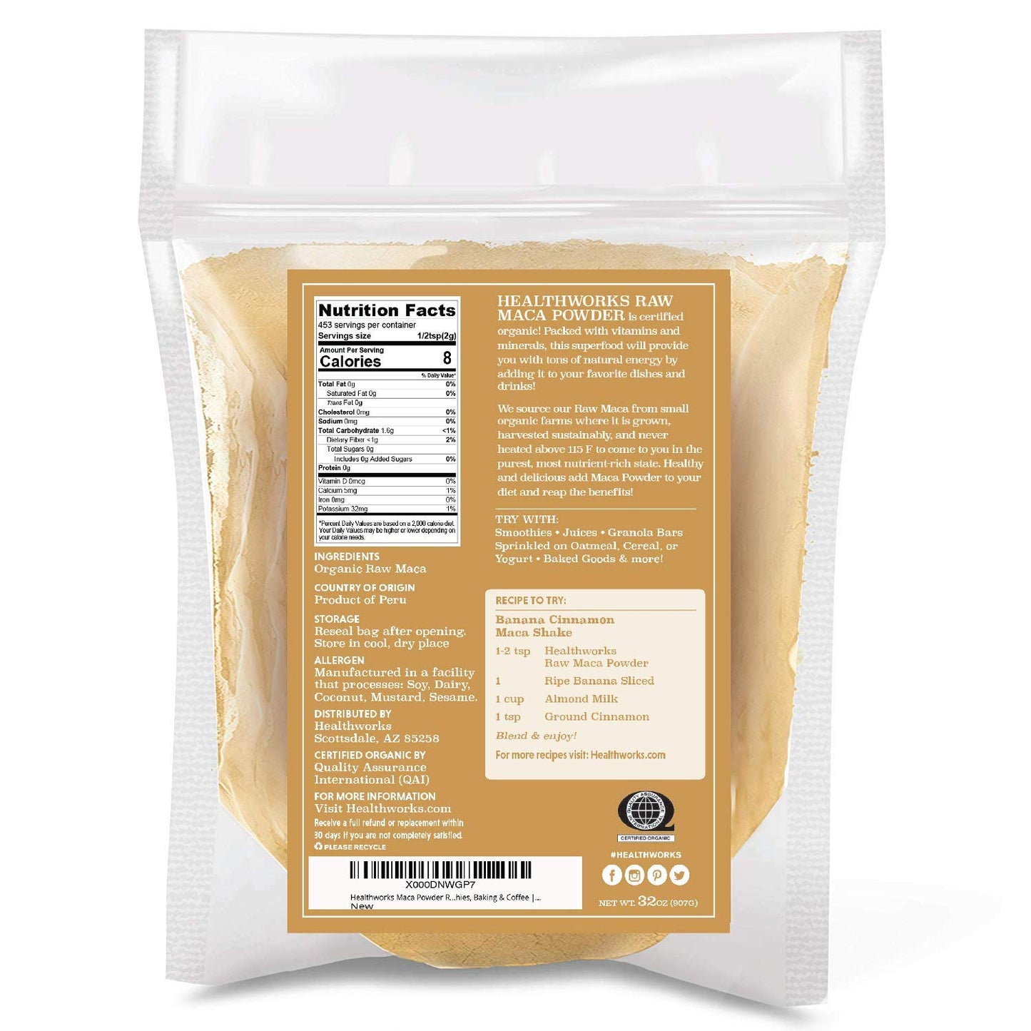 Healthworks Maca Powder Raw (32 Ounces / 2 Pounds) | Certified Organic Flour Use | Keto  Vegan & Non-GMO | enhanced Peruvian Origin | Breakfast  Smoothies  Baking & Coffee