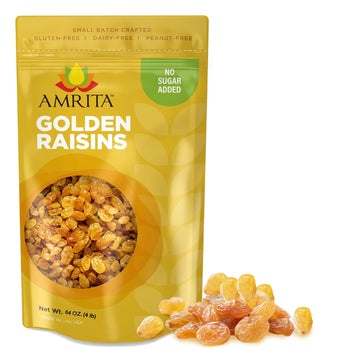 Amrita Golden Raisins, No Added Sugar, Gluten Free, 4 lb Resealable Bag, Yellow and White, Vegan Snacks