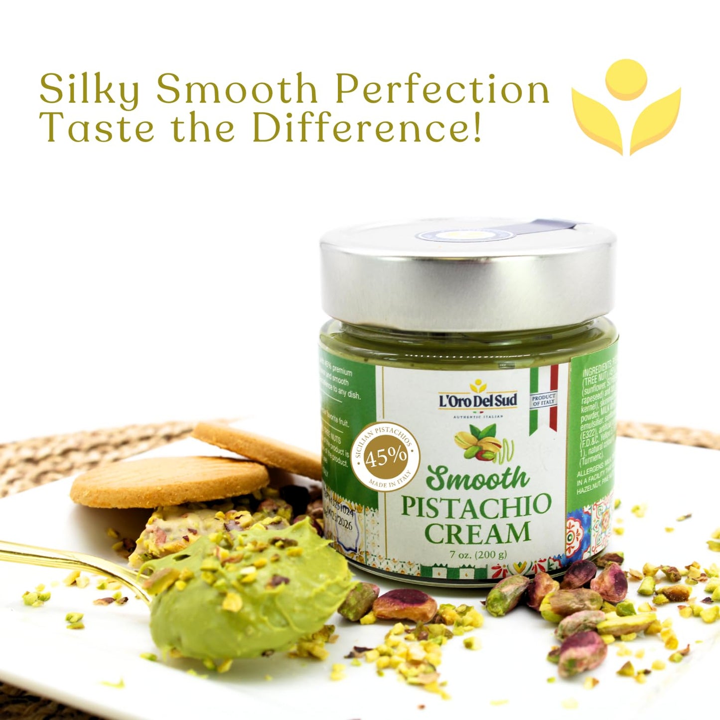Pistachio Cream  enhanced 45%  Smooth Sicilian Pistachio Spread  7 oz (200g)  Contains 45% Pistachio nuts  Sweet Pistachio Butter  Product of Italy  LOro Del Sud