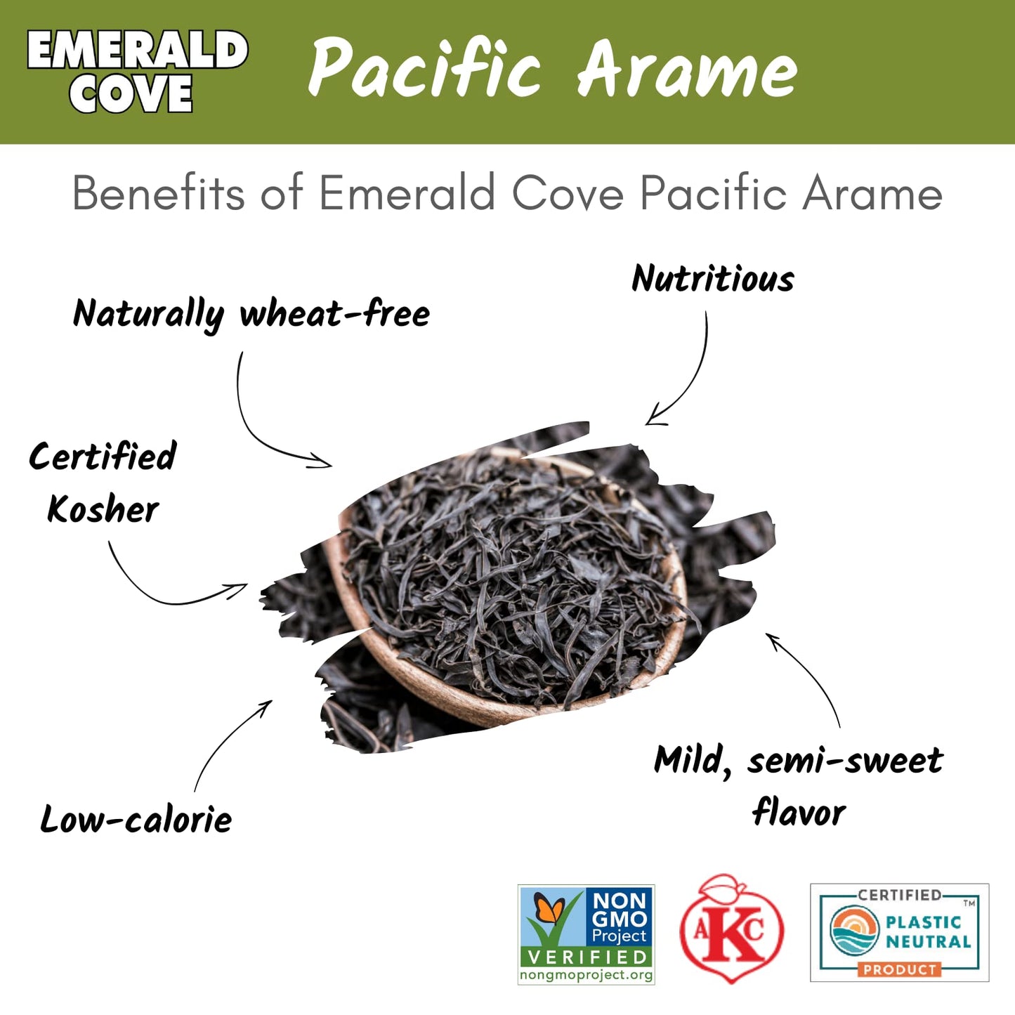 EMERALD COVE Arame Sea , Non-GMO, Kosher, 1.76 oz Bag (3 Pack)