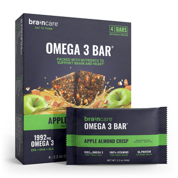 Braincare Omega 3 Fig Bars - Apple Almond Crisp, Gluten-Free Protein Snacks, 4 Count, 1,992mg Omega-3, High-Protein Meal Replacement