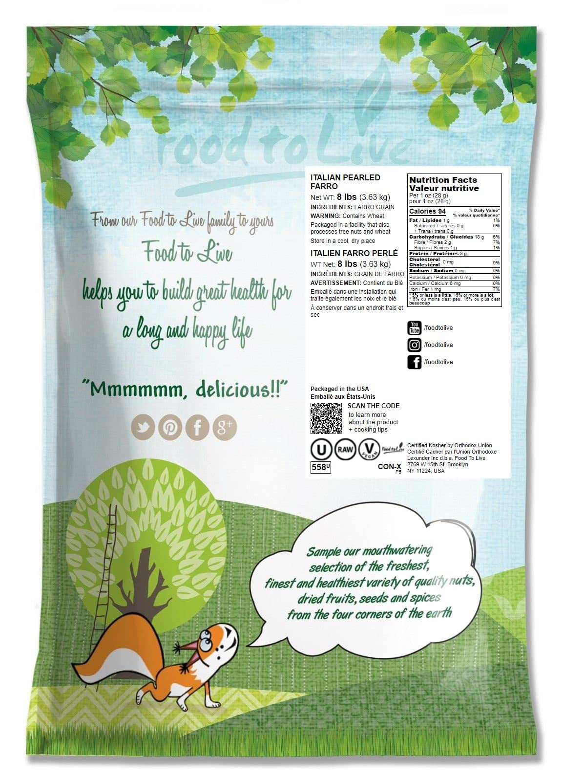 Food To Live Pearled Farro Grain, 8 Pounds - Kosher, Vegan, Whole Grain In Bulk, Good Source Of Dietary Fiber, Protein And Iron
