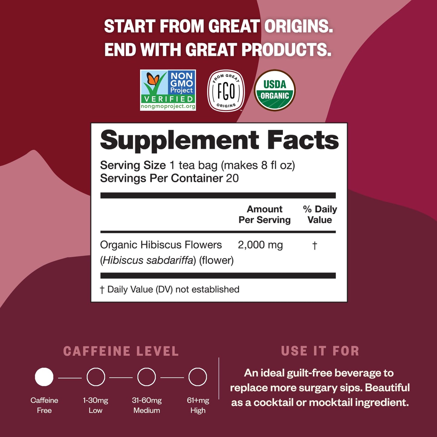 FGO Organic Hibiscus Tea Bags, Caffeine Free, 100 Count, Eco-Conscious Packaging, Pack of 1