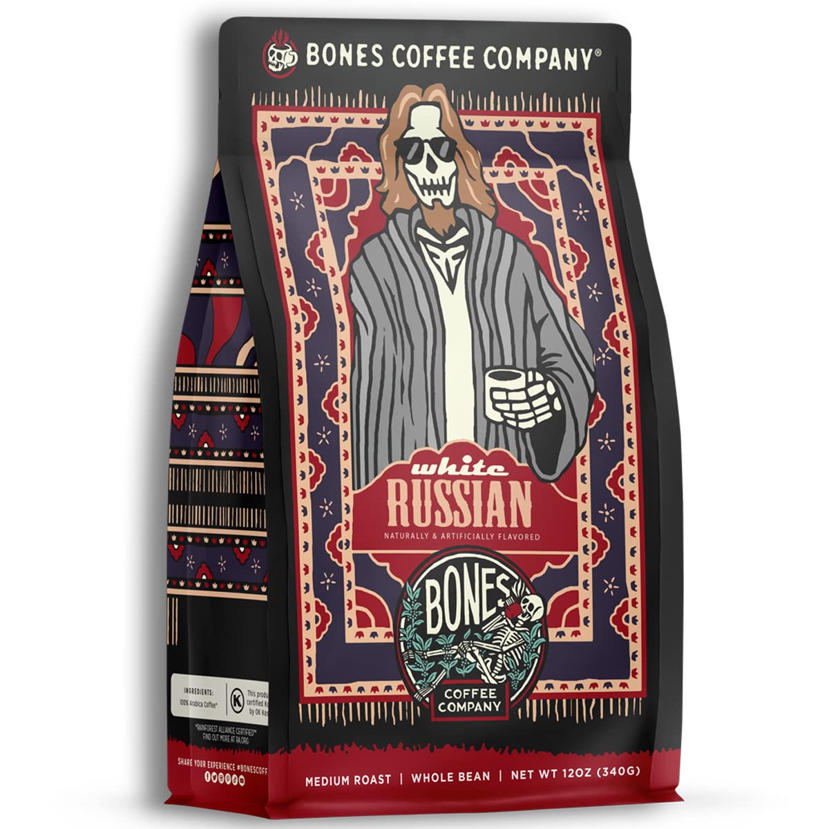 Bones Coffee Company White Russian Whole Coffee Beans, Low Acid Flavored Coffee, Made With Arabica Coffee Beans, Medium Roast Go