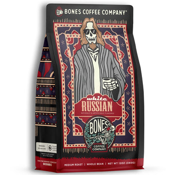 Bones Coffee Company White Russian Whole Coffee Beans, Low Acid Flavored Coffee, Made With Arabica Coffee Beans, Medium Roast Go