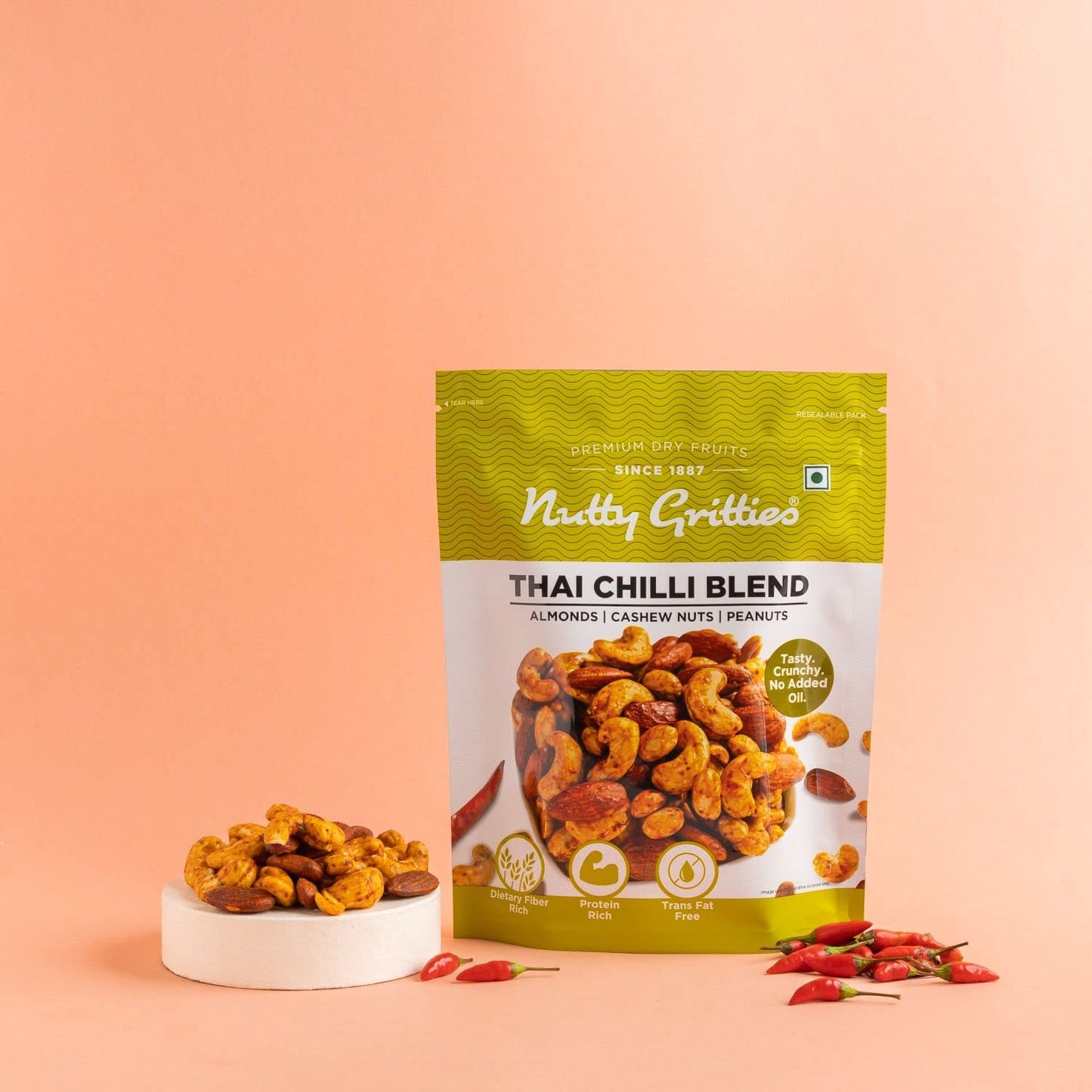 Nutty Gritties Thai Chilli Blend Trail Mix 200G - Roasted Spicy Flavoured Almonds, Cashews And Peanuts| Healthy Party Snack | Dr