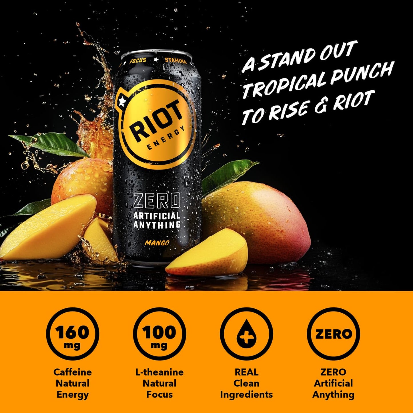 RIOT Clean Energy Drink, Mango, Organic, No Sugar, 100mg L-Theanine, 16 Fl Oz, Plastic