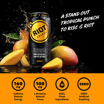 RIOT Clean Energy Drink, Mango, Organic, No Sugar, 100mg L-Theanine, 16 Fl Oz, Plastic