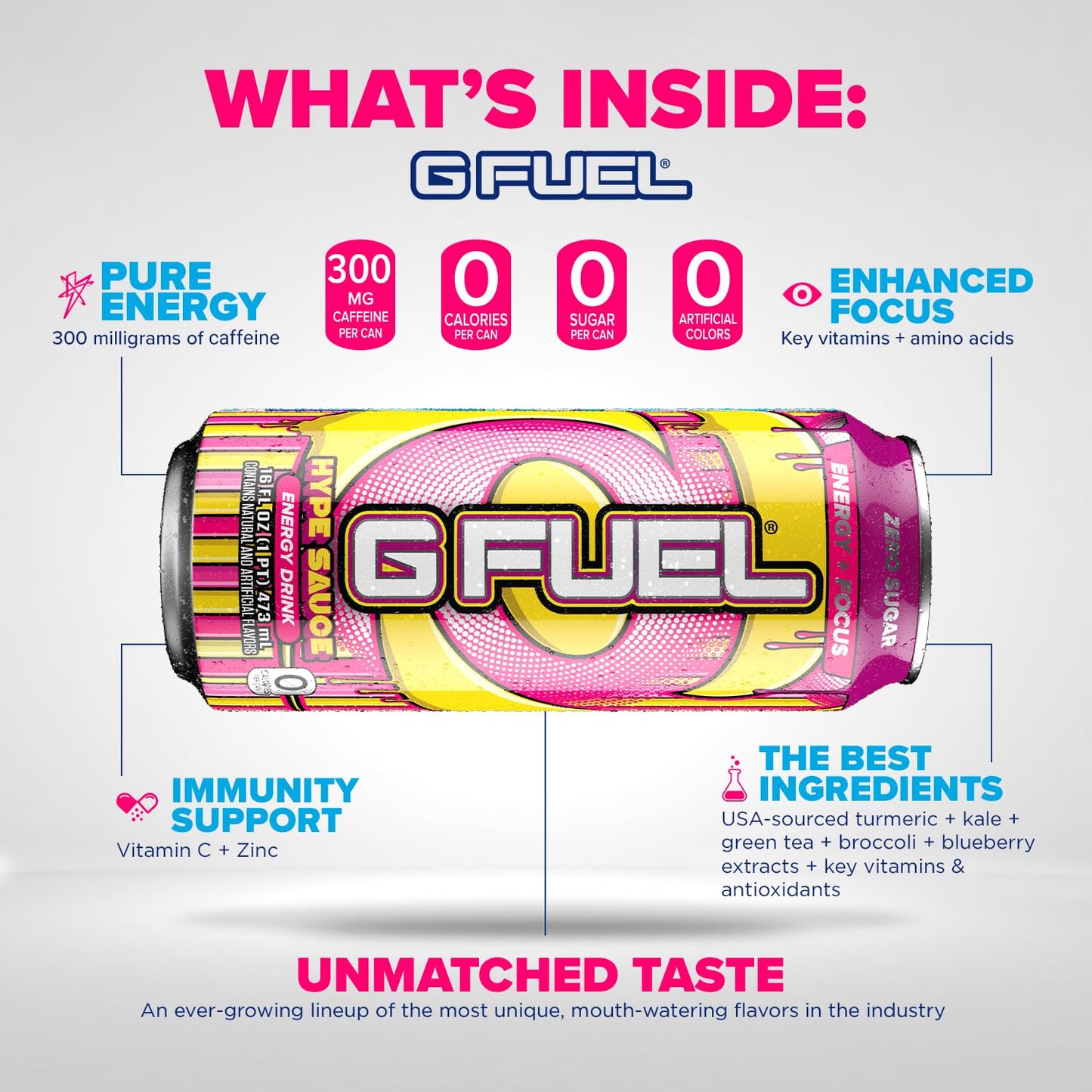 G Fuel Hype Sauce Energy Drink, Sugar Free, 300 mg Caffeine, Raspberry + Lemonade Flavor, 16 Fl Oz, Pack of 12, Yellow
