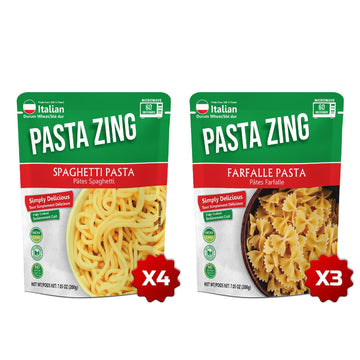 Pasta Zing Microwavable Variety Pasta Pack of 7 | 3x Farfalle | 4x Spaghetti | Microwave Pasta Ready To Eat in 60 Sec - Fully Co