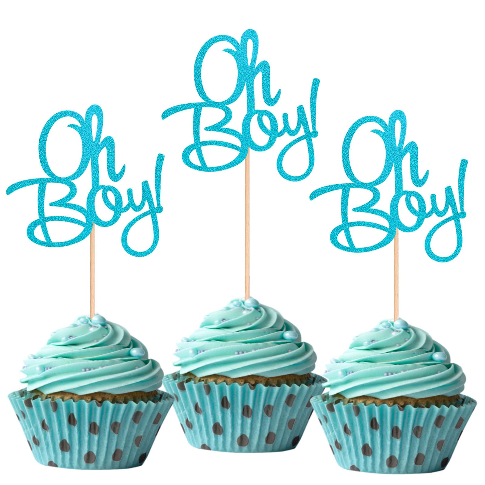 Alissar 24-Pack Glitter Blue Oh Boy Cupcake Toppers,Cupcake Topper Picks For It'A A Boy Baby Shower Party Decoration Supplies