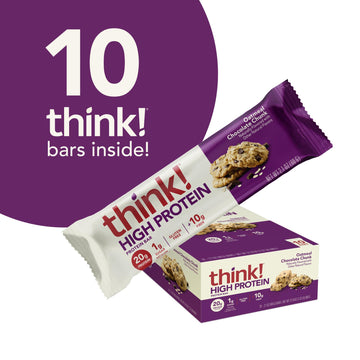 think! High Protein Snack Bars, Gluten Free Oatmeal Chocolate Chunk, 10 Count, High Fiber, Delicious & Nutritious Protein Bars