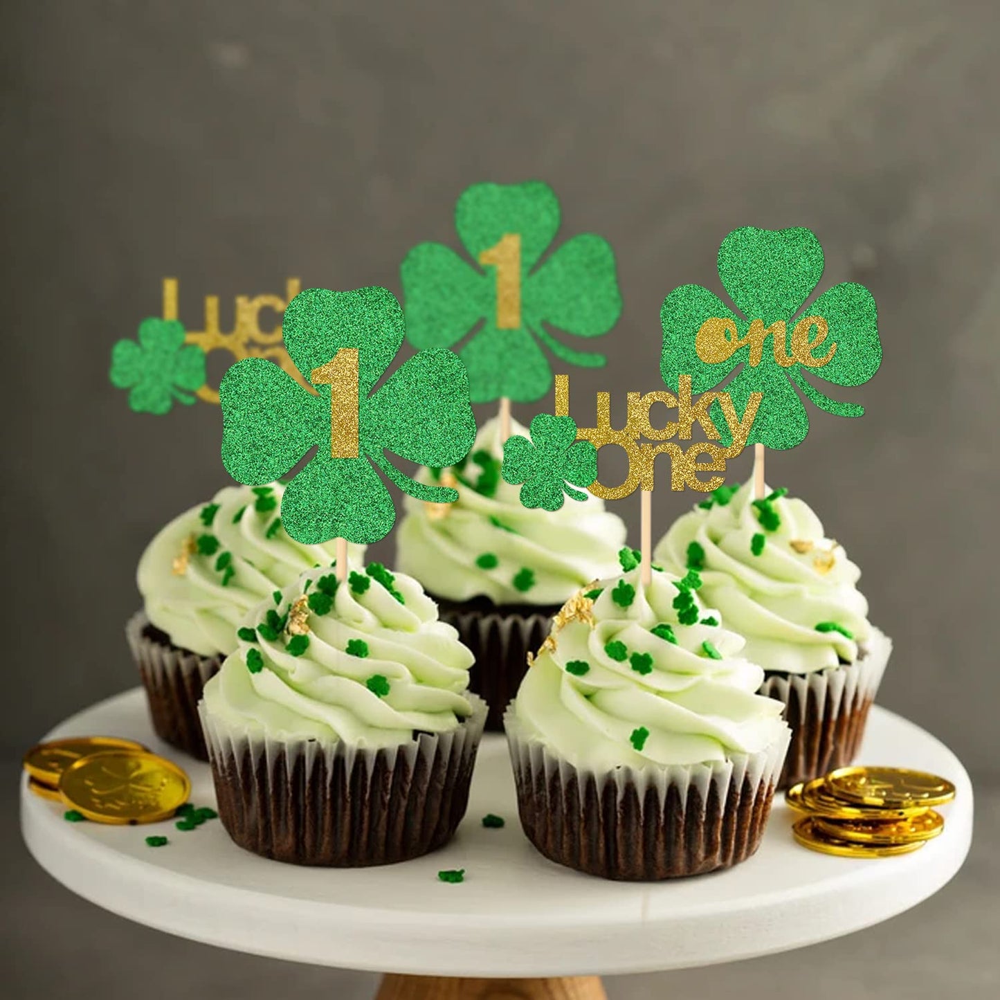 Glitter St Patricks Day Cupcake Toppers, Lucky One First Birthday 4 Leaf Clover Decorations, Shamrock Cupcake Toppers,Lucky One