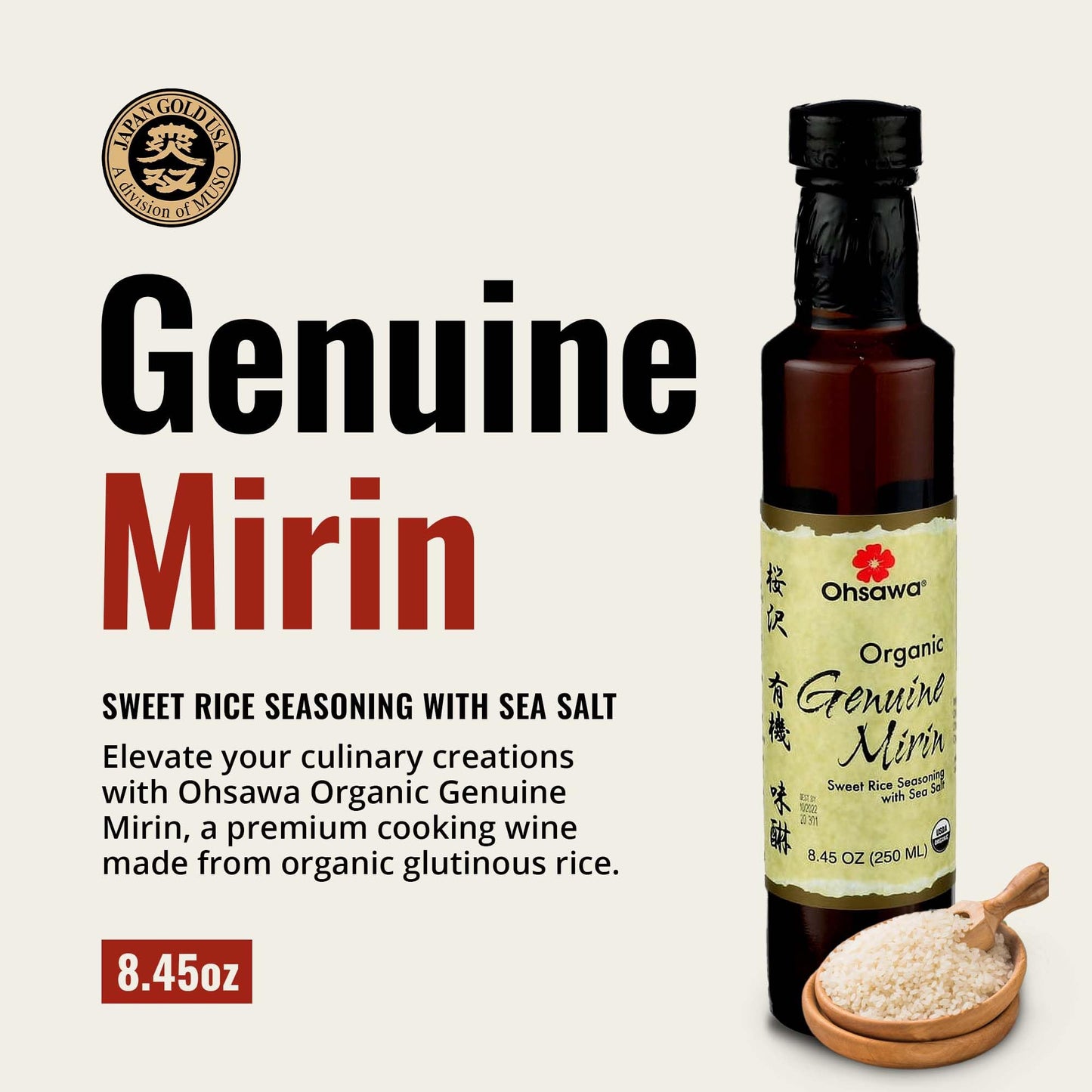 Ohsawa Genuine Mirin, Authentic Japanese Sweet Cooking Wine, Vegan, Non-GMO, 8.45 oz