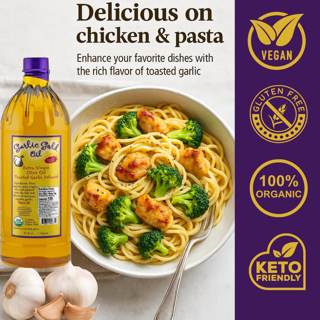 Garlic Gold Extra Virgin Olive Oil Infused With Garlic, Premium Certified Usda Organic, Low Fodmap, Cold Pressed (32 Fl Oz, 1 Pa