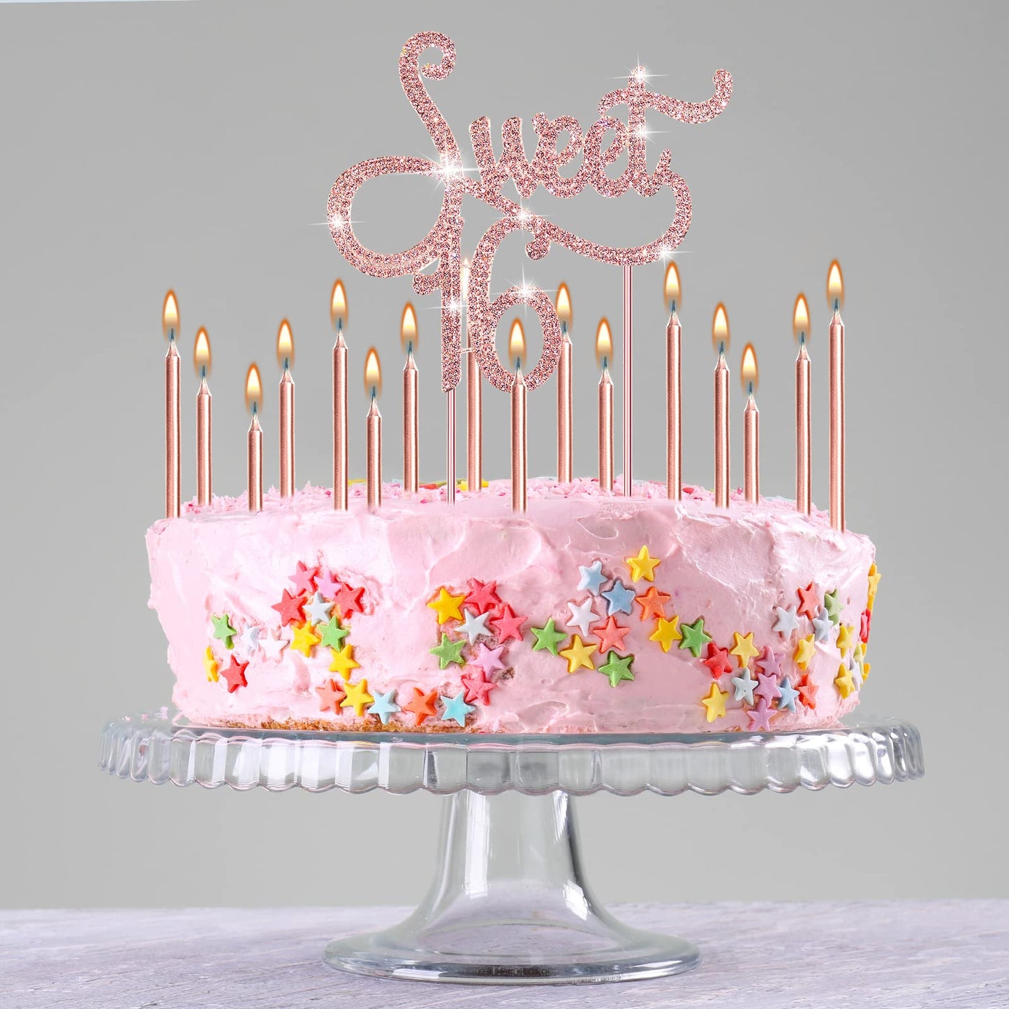Sweet 16 Birthday Decorations Rhinestone Sweet 16 Cake Toppers, 20 Pcs Metallic Happy Birthday Candles Sweet 16 Cake Decorations