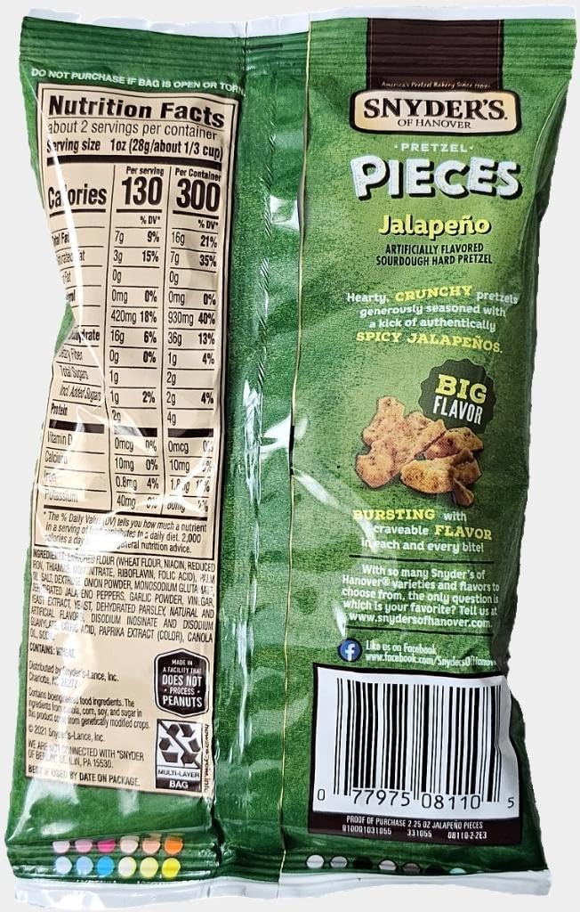 SUPERDEALS Snyders of Hanover Jalapeno Pretzel Pieces, 2.25 oz Pack of 12 with Mystery Gift