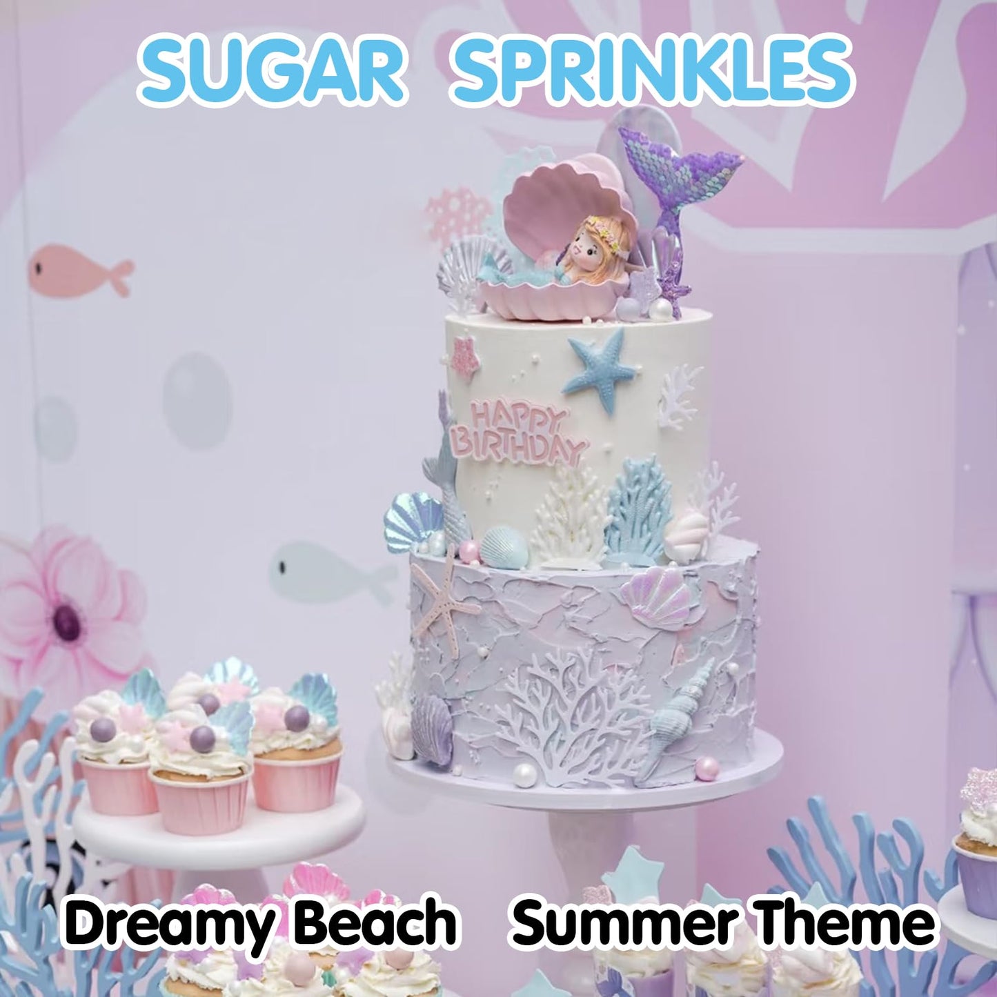 Edible Shell Sprinkles Cake Decorating,Pink Purple Pearl Sugar,Mix Sea Beach Stars Sprinkles, Pastel Baking Candy,Ocean Cupcake,