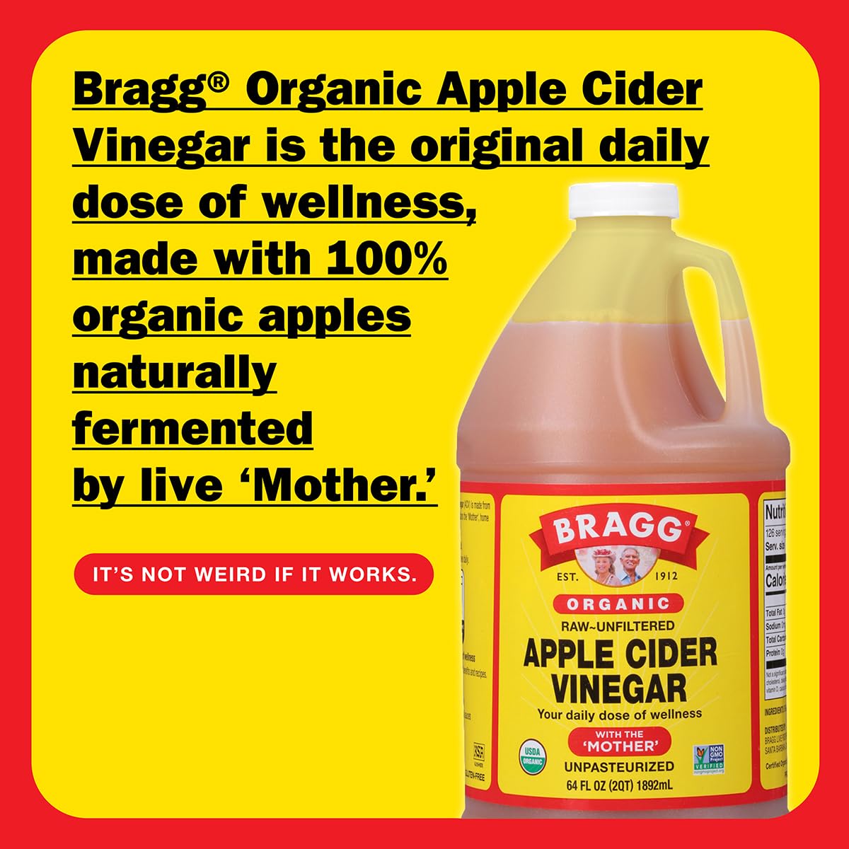 Bragg Organic Apple Cider Vinegar, Raw & Unfiltered, 64 Fl Oz, All Natural Ingredients