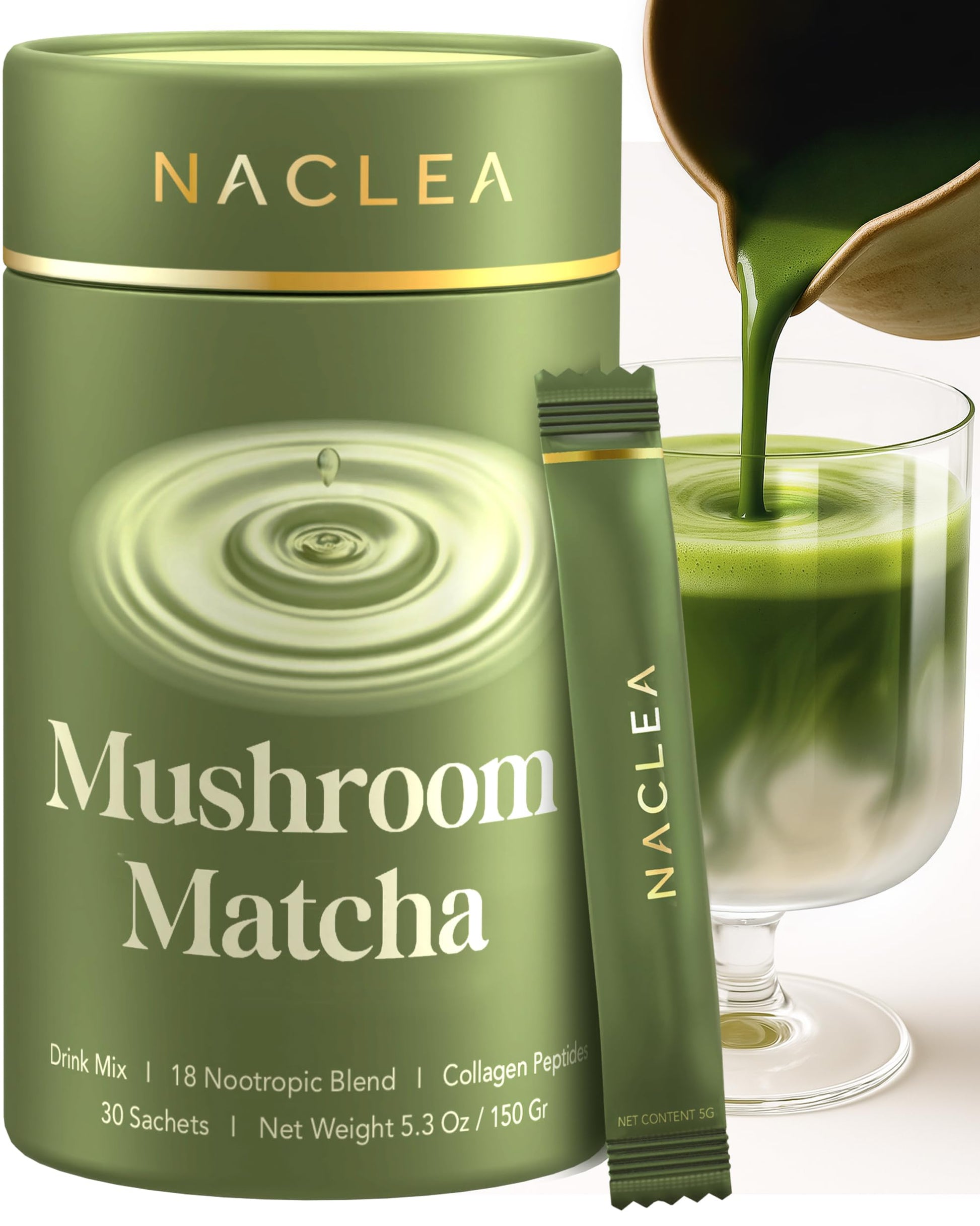 NACLEA Mushroom Matcha Powder - Sugar-Free Japanese Ceremonial Green Tea with 18 Superfood Mushrooms and Hydrolyzed Collagen - Coffee Alternative Caffeine Free - 30 Sachets