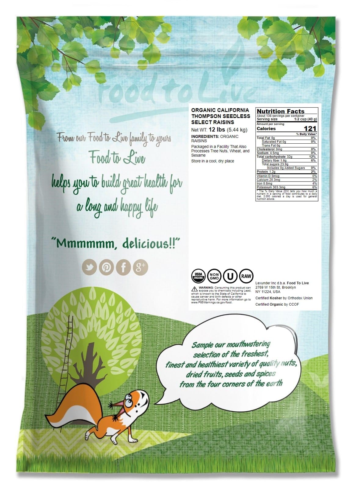 Food To Live California Organic Raisins, 12 Pounds - Thompson Seedless Select, Sun-Dried, Non-Gmo, Kosher, Unsulphured, Bulk, No