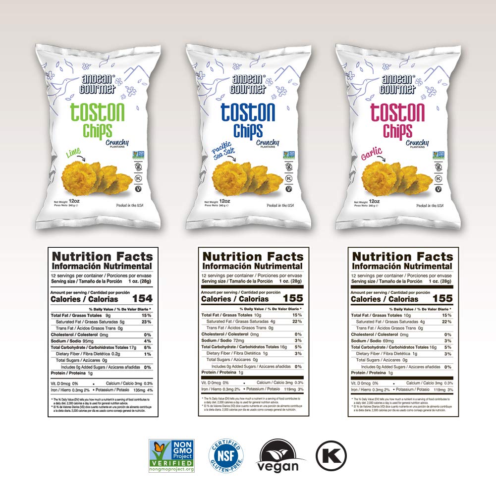 ANDEAN GOURMET Toston Chips 10oz (Pack of 3) Variety (Pacific Sea Salt, Garlic and Lime) - Gluten Free, All Natural, NON-GMO and