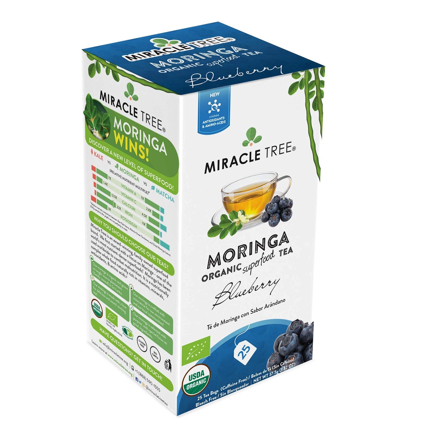 Tree Organic Moringa Superfood Tea - 25 Individually Sealed Tea Bags, 3 Pack, Blueberry, Vegan, Gluten-Free, Caffeine-Free