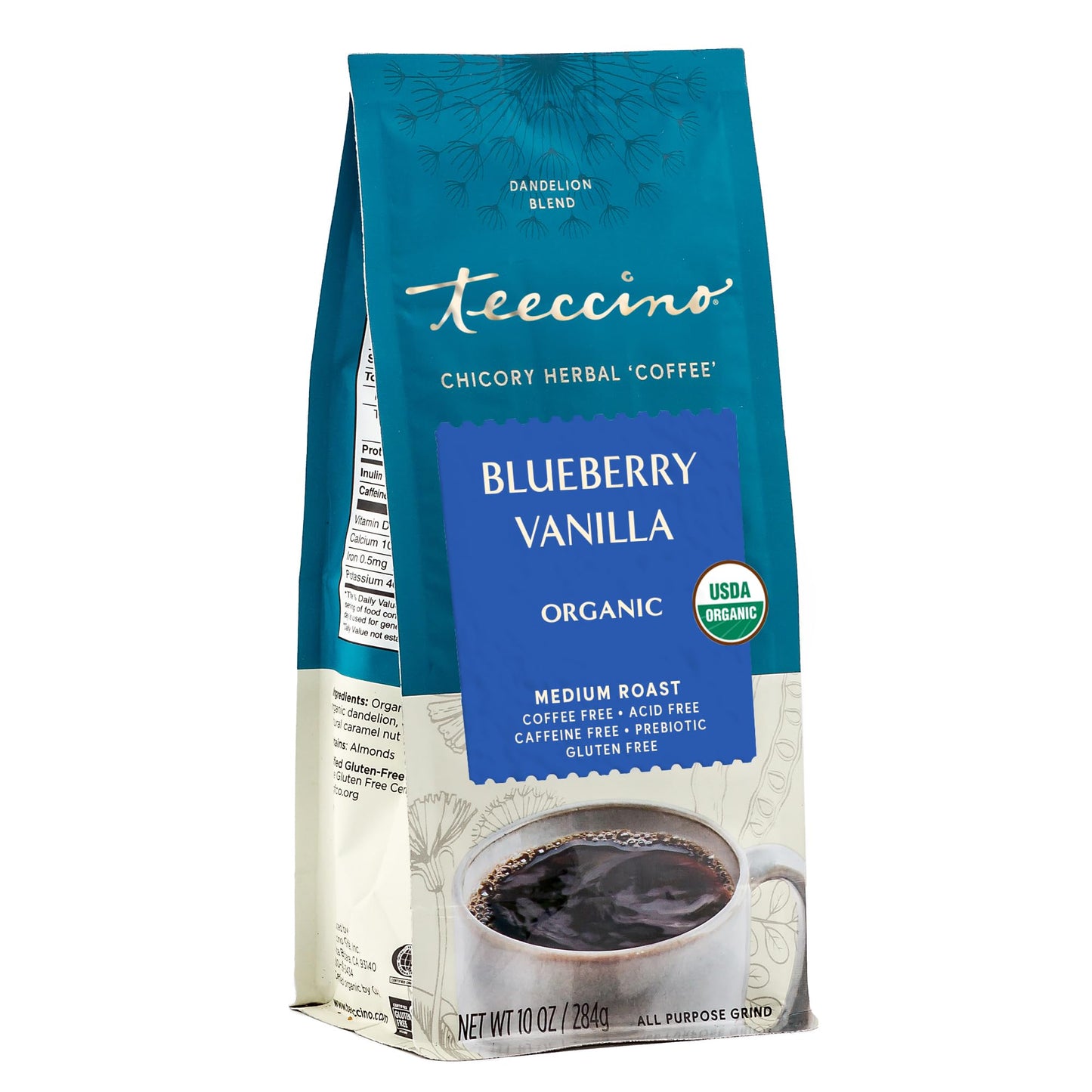 Teeccino Dandelion Blueberry Vanilla Chicory Coffee Alternative - Ground Herbal Coffee Thats Prebiotic  Energy Blend Free & Acid Free  Medium Roast  10 Ounce