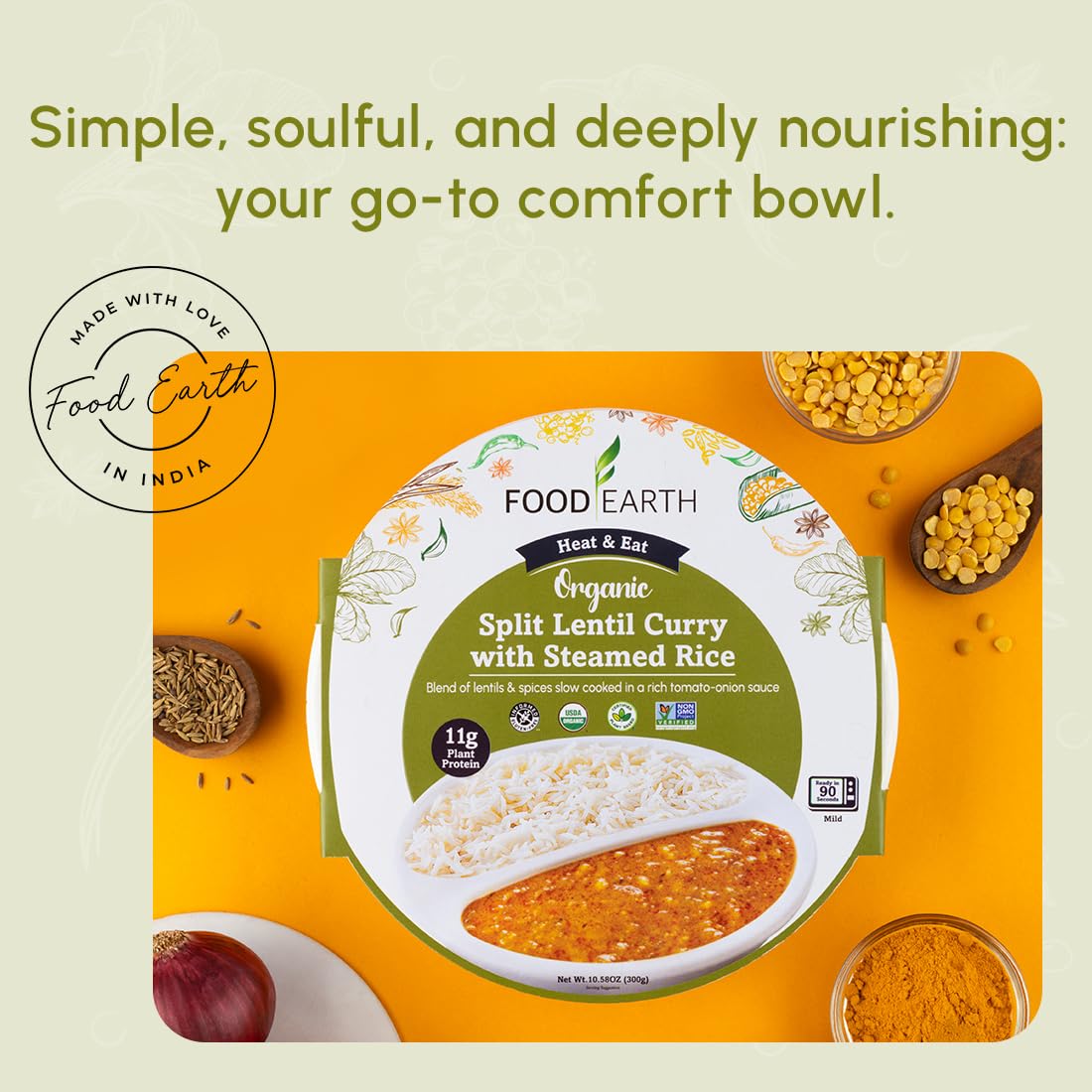 Food Earth - Split Lentil Curry & Steamed Rice Meal - Ready To Eat Cuisine - Vegan Plant-Based Organic Gluten-Free Gmo-Free - He