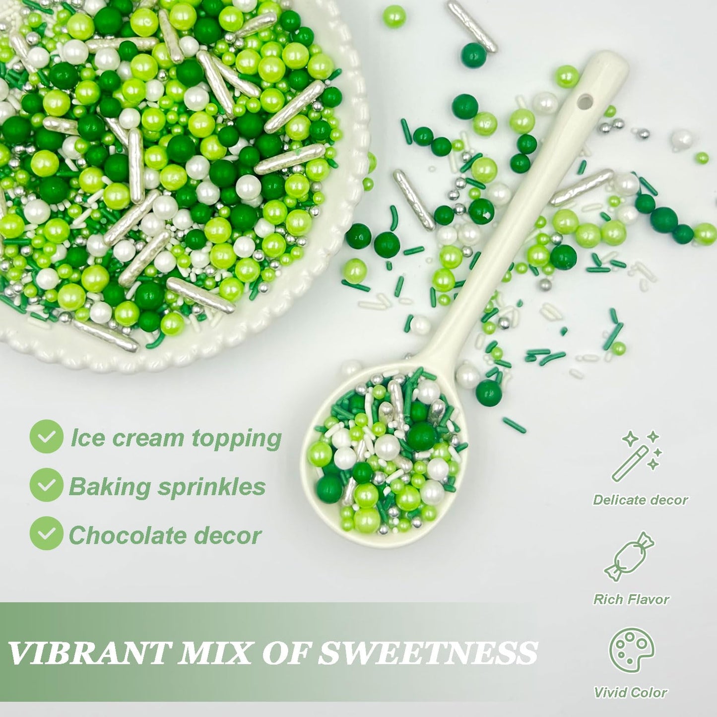 Sprinkles For Cake Decorating, Green And White Pearl Silver Jimmies St. Patricks Day Sprinkles Mix For Baking Cookies Cupcake Ic