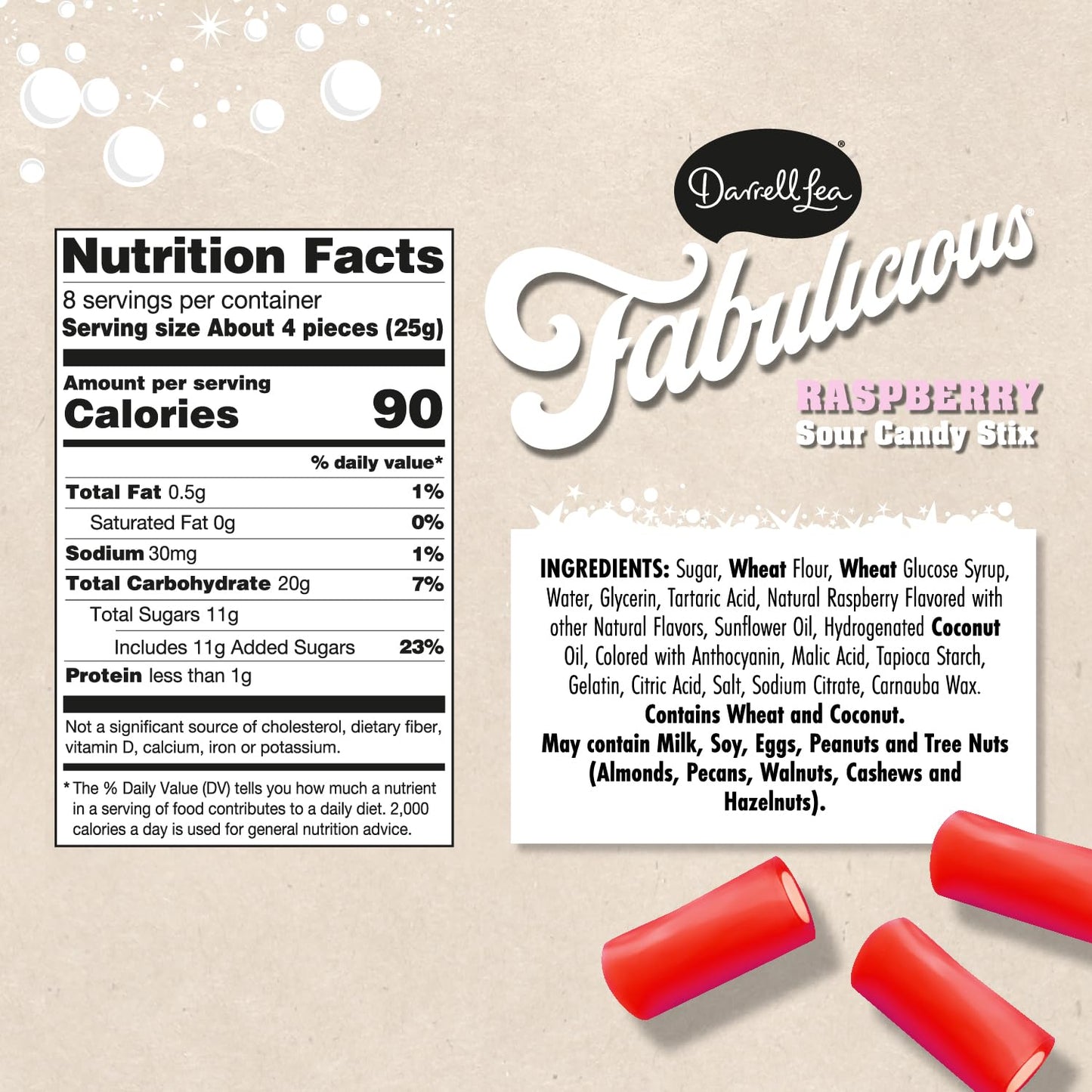 Darrell Lea Fabulicious Raspberry Sour Candy Stix, 7 Ounce (Pack Of 8) | Soft And Tangy, No Artificial Flavors, Palm Oil Free, M