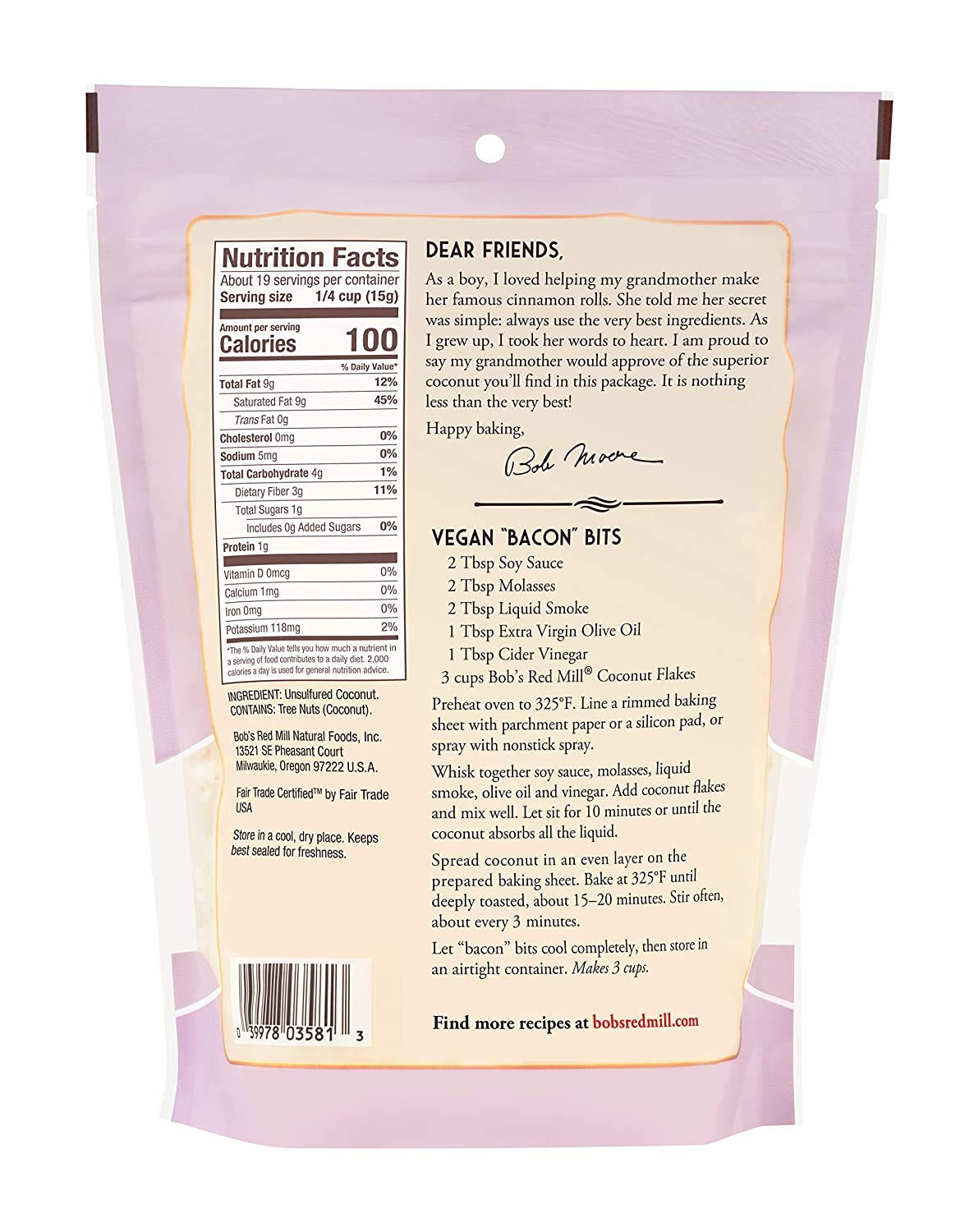 Bob'S Red Mill Resealable Unsweetened Coconut Flakes 10 Oz (Pack Of 3)
