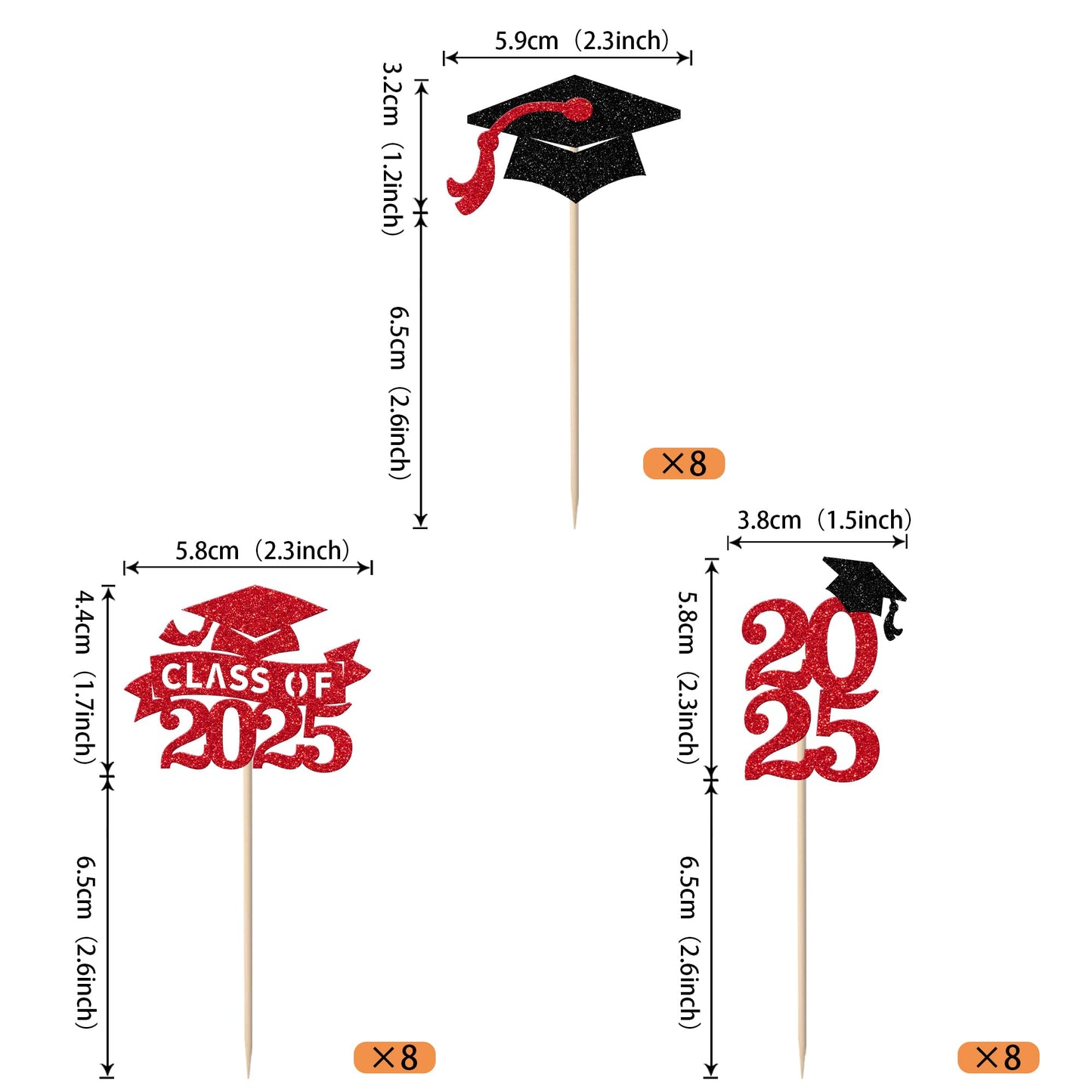 YCTHUNFISH 24 Pack Graduation Cupcake Toppers Glitter Congrats 2025 Red Paper Picks for Class of 2025 Party Decorations
