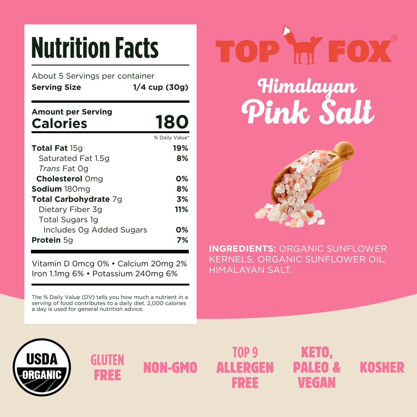 Top Fox Snacks Sunflower Seeds to Eat (Himalayan Pink Salt, 5.5 oz - 6 Pack) - Gluten Free Snacks, Protein Snacks, Keto Friendly