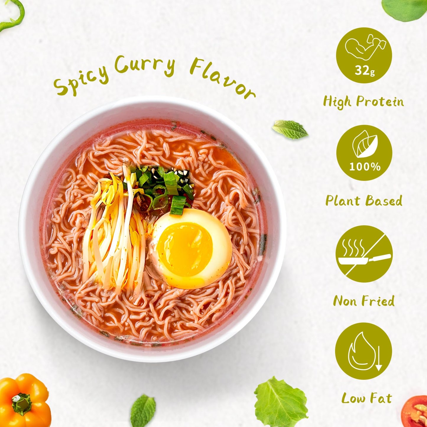 Volo Vero High Protein (32G) Instant Ramen Noodles Soup Cup, Spicy Curry Flavor, 6 Packs, Plant-Based, Non-Fried, Vegan, Low Fat, Egg & Dairy-Free, Quick Healthy Asian Meal, Holiday Gifts