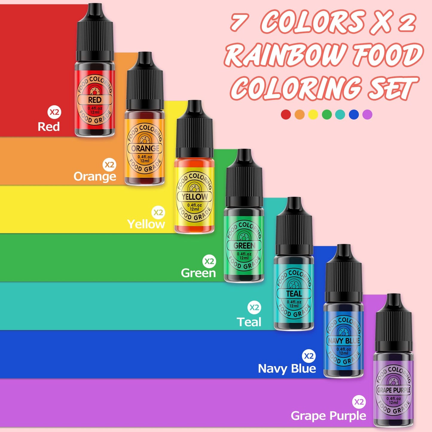 Cherrysea Food Coloring Set - 14x12ml Edible Liquid Dye for Baking, Gluten Free, 0.4 Fl Oz Bottles
