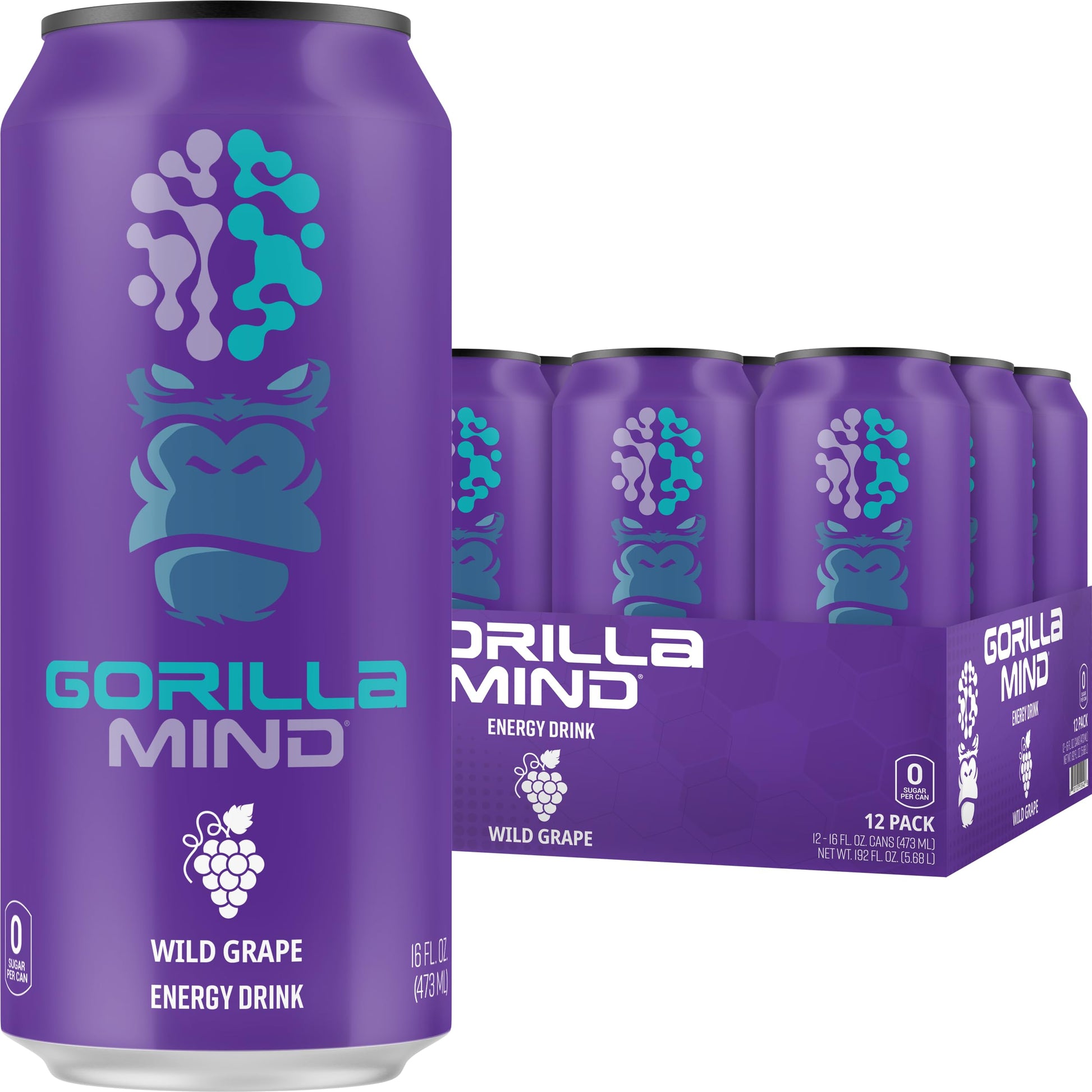 Gorilla Mind Energy Drink | Unmatched Energy  Amplified Focus | N-Acetyl-L-Tyrosine  Alpha-GPC  200mg Caffeine  Uridine  Saffron | 0 Sugar Or Artificial Colors | 16oz  12-Pack (Wild G)