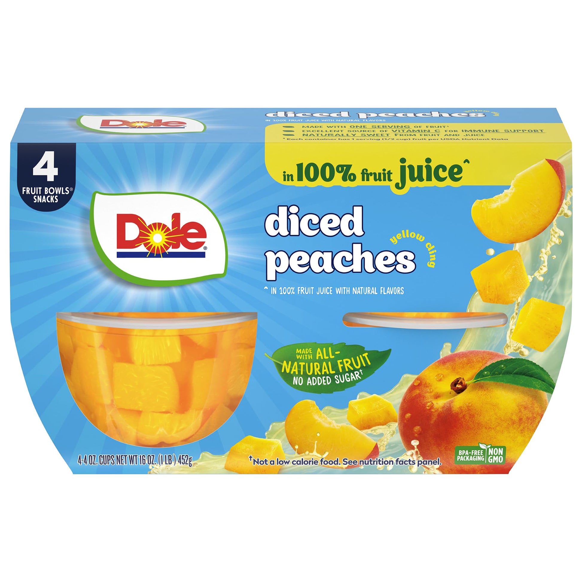 Dole Fruit Bowls Diced Peaches in 100% Juice Snacks, 4oz 4 Total Cups, Gluten & Dairy Free, Bulk Lunch Snacks for Kids & Adults